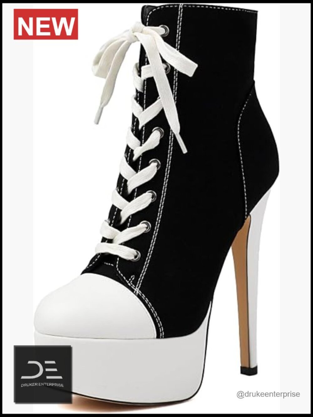 Women's Ankle Stiletto High Heel Platform Boots Canvas Lace-up Round Toe